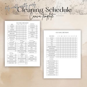 May include: A black and white printable cleaning schedule checklist with daily, weekly, monthly, and yearly tasks. The checklist includes tasks such as making beds, cleaning counters, sweeping floors, doing laundry, and picking up clutter.