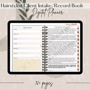 May include: A digital planner for hairstylists, with a cover page featuring a green leafy design and the text "Hairstylist Client Intake/Record Book Digital Planner". The planner includes sections for client information, consent and waiver forms, and notes.