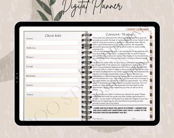May include: A digital planner for hairstylists, with a cover page featuring a green leafy design and the text "Hairstylist Client Intake/Record Book Digital Planner". The planner includes sections for client information, consent and waiver forms, and notes.