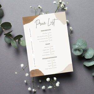 May include: A price list for hair and eyelash services. The list is printed on a white background with brown and beige paper accents. The services include blow-dry, blow-dry with curling, haircut with blow-dry, formal hair design, basic tint, organic colour, full highlights, partial highlights, classic eyelash extensions, volume eyelash extensions, hybrid eyelash extensions, and mega volume eyelash extensions.