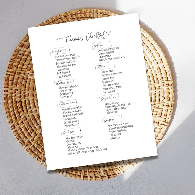 May include: A printable cleaning checklist with a list of tasks for different areas of a home, including the reception area, bathroom, kitchen, dining room, and back door. The checklist is written in black ink on a white background.
