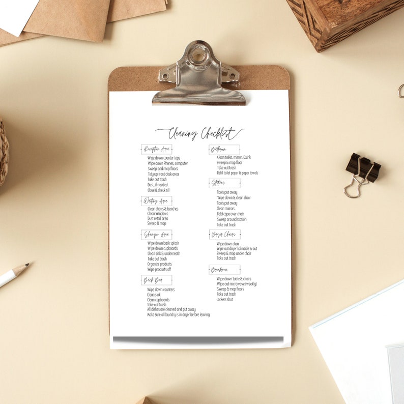 May include: A printable cleaning checklist with a list of tasks to complete in different areas of the house, including the bathroom, kitchen, bedroom, and living room.