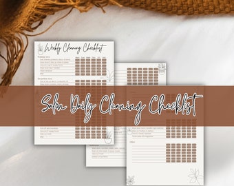 May include: Printable salon cleaning checklist with a brown and white color scheme. The checklist includes sections for the waiting area, reception area, salon daily cleaning, and other tasks. The checklist is designed to be used for a salon or spa.