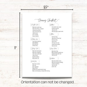 May include: A printable cleaning checklist with a black and white design. The checklist is divided into sections for different areas of a home or business, such as the reception area, waiting area, bathroom, stations, work chairs, back bar, and the kitchen. Each section lists specific cleaning tasks, such as wiping down counters, sweeping and mopping floors, taking out the trash, and cleaning windows.