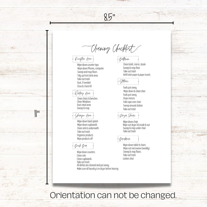 May include: A printable cleaning checklist with a black and white design. The checklist is divided into sections for different areas of a home or business, such as the reception area, waiting area, bathroom, stations, work chairs, back bar, and the kitchen. Each section lists specific cleaning tasks, such as wiping down counters, sweeping and mopping floors, taking out the trash, and cleaning windows.