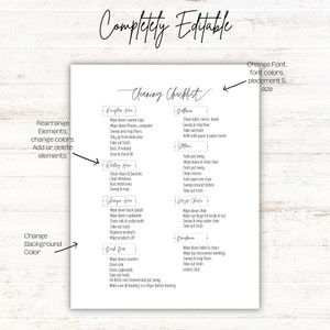 May include: A printable cleaning checklist with a black and white design. The checklist is divided into sections for different areas of a home, such as the reception area, kitchen, bathroom, and more. Each section lists cleaning tasks to be completed.