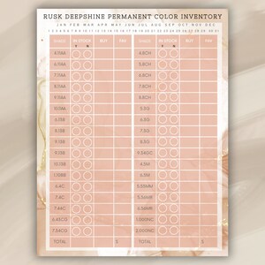 May include: A pink and white inventory sheet for Rusk Deepshine Permanent Color. The sheet has columns for shade, in stock, buy, and favourite. The sheet is divided into two sections, one for shades 4.11AA to 7.34CG and the other for shades 4.8CH to 2.000NC.