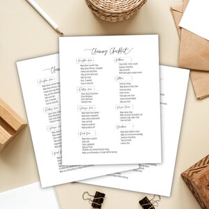May include: A black and white printable cleaning checklist with a handwritten title "Cleaning Checklist". The checklist is divided into sections for different areas of a house or business, such as "Reception Area", "Waiting Area", "Bathroom", "Station", "Dye Area", "Conference Room", "Back Bar", and "Back Room". Each section lists cleaning tasks, such as "Wipe down countertops", "Sweep and mop floors", "Take out trash", and "Dust, if needed".