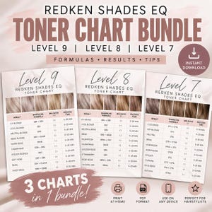 Op de afbeelding: Een Redken Shades EQ tonerkaartbundel met drie afzonderlijke kaarten voor haarniveaus 9, 8 en 7. Elke kaart toont kleurresultaten, specifieke formules, mengverhoudingen en inwerktijden. De tekst bevat "3 CHARTS in 1 bundle!" en "INSTANT DOWNLOAD" met iconen voor printen en digitaal gebruik.