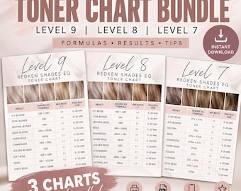 May include: A Redken Shades EQ toner chart bundle featuring three separate charts for hair levels 9, 8, and 7. Each chart displays hair color results, specific formulas, mix ratios, and process times. The text includes "3 CHARTS in 1 bundle!" and "INSTANT DOWNLOAD" with icons for printing and digital use.