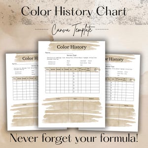Puede incluir: Un conjunto de tres gráficos imprimibles "Color History", diseñados como una plantilla de Canva. Los gráficos presentan secciones para registrar fórmulas de color de cabello, con espacio para notas y preferencias. El diseño incluye una paleta de colores neutros.
