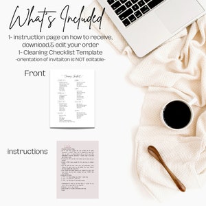 May include: A digital download for a cleaning checklist template. The checklist is in a white font on a light gray background. The text "Cleaning Checklist" is at the top of the page. The checklist includes a list of cleaning tasks, such as "Empty trash", "Dust furniture", and "Clean mirrors".