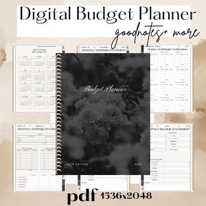 May include: A black and white digital budget planner with a floral design. The planner includes monthly expense statements, yearly expense overviews, and monthly income statements. The planner is compatible with GoodNotes and other note-taking apps. The planner is 1536 pixels wide by 2048 pixels tall.