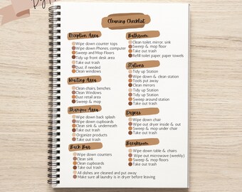 May include: A printable cleaning checklist with sections for different areas of a home or business, including reception, waiting, shampoo, back bar, bathroom, stations, pryens, and breakroom. Each section lists cleaning tasks with checkboxes.