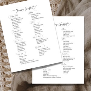 May include: A printable cleaning checklist with a simple, modern design. The checklist is divided into sections for different areas of the house, such as the bathroom, kitchen, and living room. Each section includes a list of tasks to be completed, such as wiping down counters, cleaning the toilet, and sweeping the floor.