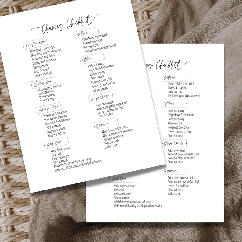 May include: A printable cleaning checklist with a simple, modern design. The checklist is divided into sections for different areas of the house, such as the bathroom, kitchen, and living room. Each section includes a list of tasks to be completed, such as wiping down counters, cleaning the toilet, and sweeping the floor.