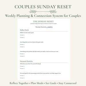 Peut inclure: Un document papier blanc intitulé THE SUNDAY RESET, A Shared Weekly Planning & Connection System for Couples. Il comprend des sections pour Weekly Check-In, Reflect Back et Personal Check-In avec des invites pour Partner 1 et Partner 2.