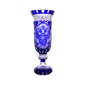 Lead Crystal Engraved Cobalt Blue Vase "Emblem", luxurious cobalt blue, home decor, gift