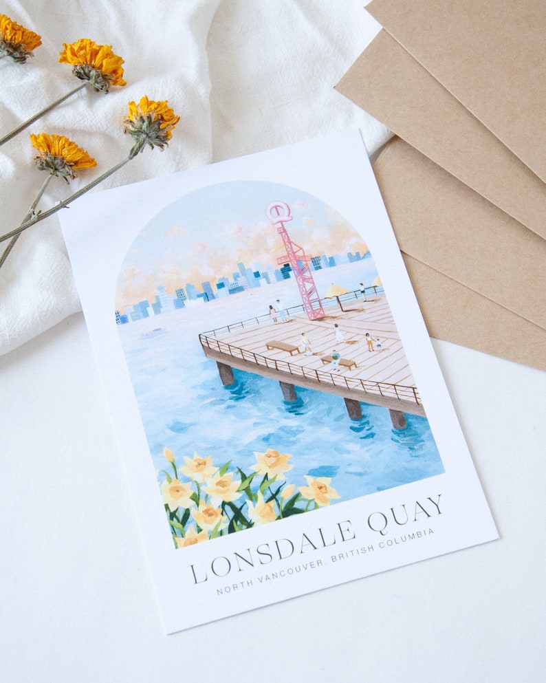 Vancouver Postcard Lonsdale Quay 5x7 8x10 12x16 Minimal Design Travel Art Poster Illustration 5x7 inches