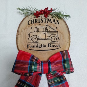 Natale Fuori Porta Tocco Decor con Fiocco Rosso, in Legno, Personalizzato 22 cm diametro - 22 x 35 cm  Artigianale Fatto a Mano