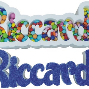 Porta Confetti Vassoio Scritta da Personalizzare Colorata Glitterata in Polistirolo Altezza 15 cm immagine 1