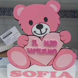 Scultura Battesimo Orsetto Azzurro o Rosa da Personalizzare con Nome in Polistirolo 38 x 35 x 5 cm Resta Dritto se posizionato su un tavolo