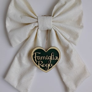 Natale Fiocco Fuori Porta in Pannolenci con Cuore in Legno Personalizzato 50 x 36 cm Mod. BIANCO E VERDE INGLESE 01 Artigianale Fatto a Mano