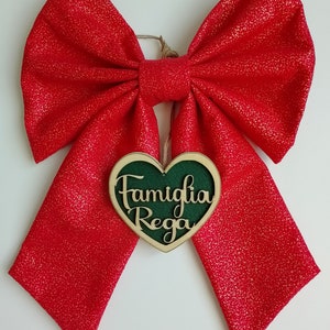 Natale Fiocco Fuori Porta in Pannolenci Brill con Cuore in Legno Personalizzato 50 x 36 cm Modello ROSSO BRILL 30 Artigianale Fatto a Mano