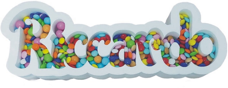 Porta Confetti Vassoio Scritta da Personalizzare Colorata Glitterata in Polistirolo Altezza 15 cm immagine 2