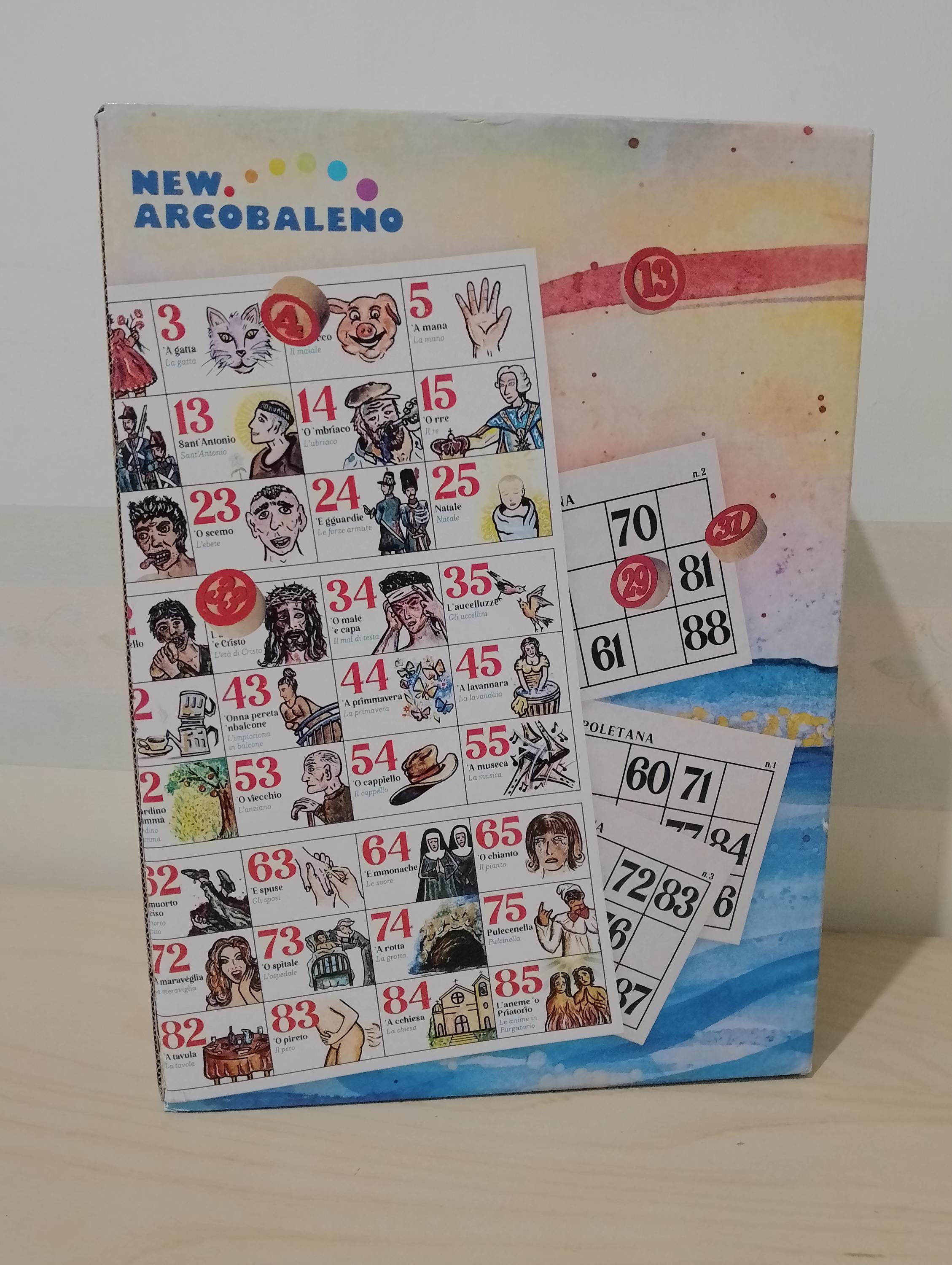 Tombola Napoletana Classica Con Panariello In Vimini, 48 Cartelle, Numeri In Legno, Smorfia, + Carte Mercante In Fiera, Made In Italy