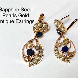 Sapphire Seed Pearl Gold Vintage Earrings, solid 14 kt rose gold,genuine Blue sapphires 2.4 ct tw, September birthstone, handmade jewelry