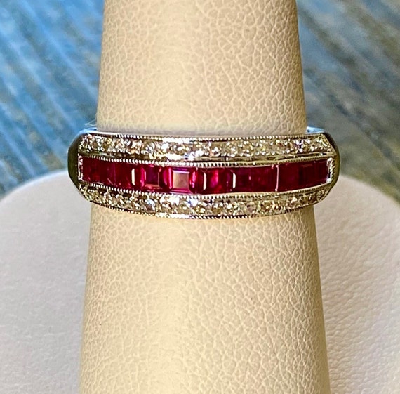 Vintage Ruby Diamond Ring: 14kt White Gold Annive… - image 5