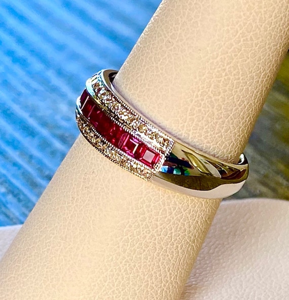 Vintage Ruby Diamond Ring: 14kt White Gold Annive… - image 6