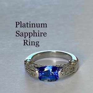 Sapphire Diamond Platinum Custom Ring,genuine cushion cut Blue sapphire 1.95 ct,diamonds pave 0.9 ct tw,Right Hand Ring,September birthstone