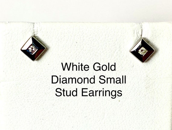 Diamond White Gold Stud Earrings, solid 14 kt gol… - image 1