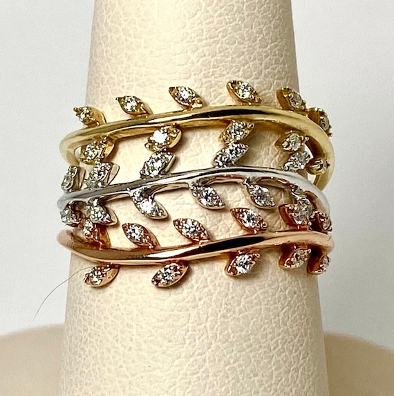 Diamond Trinity Ring Set: 14kt Gold Leaf Bands, S… - image 2