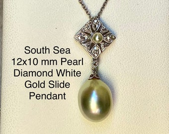 Vintage South Sea Pearl Diamond Drop Pendant, solid 14 kt white gold, oval 12.5x10 mm genuine cultured pearl, rose cut diamonds, filigree