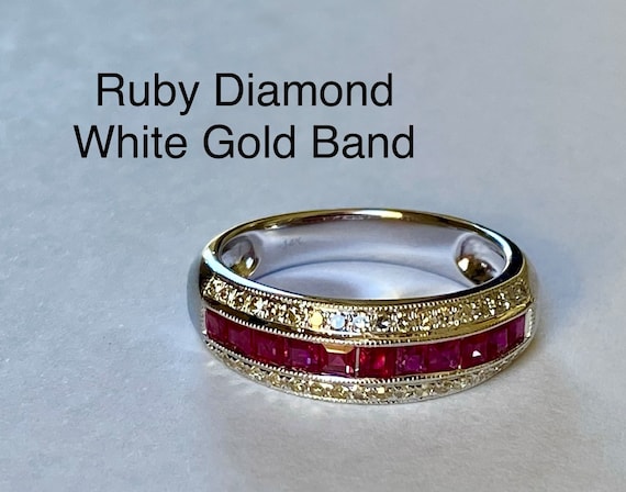 Vintage Ruby Diamond Ring: 14kt White Gold Annive… - image 1