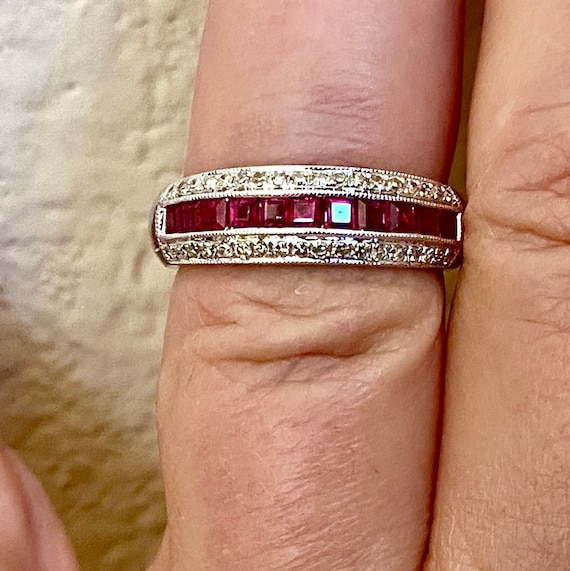 Vintage Ruby Diamond Ring: 14kt White Gold Annive… - image 8