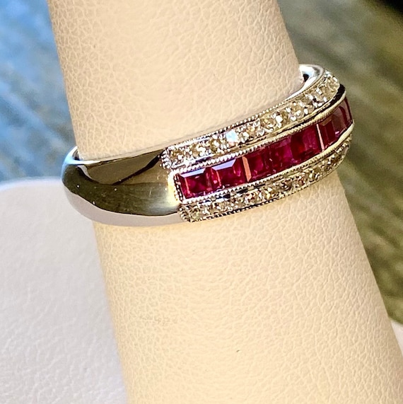 Vintage Ruby Diamond Ring: 14kt White Gold Annive… - image 3