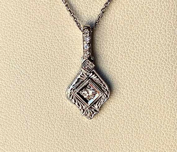 Antique Edwardian Diamond White Gold Pendant Neck… - image 2