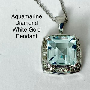 Aquamarine Diamond White Gold Pendant, solid 14 kt gold, genuine aquamarine square step cut 5.5 ct, pave diamonds, March birthstone gift