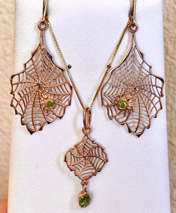 Gold Peridot Dangling Earrings, solid 14 kt rose … - image 6