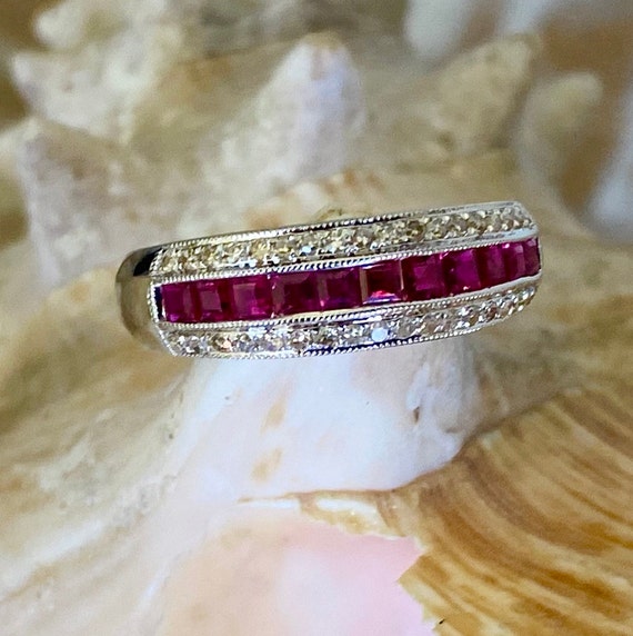 Vintage Ruby Diamond Ring: 14kt White Gold Annive… - image 7