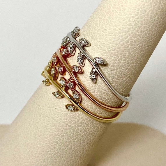 Diamond Trinity Ring Set: 14kt Gold Leaf Bands, S… - image 3