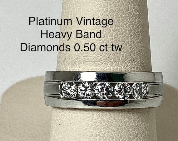 Diamond Platinum Vintage Heavy wedding Band, plat… - image 1