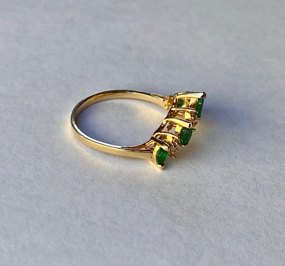 Gold Emerald Diamond Vintage V-shape Ring,solid 1… - image 6