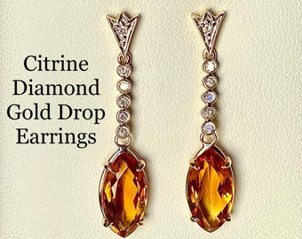 Citrine Diamond Gold Vintage Dangling Earrings,solid 14 kt gold, citrine marquise cut 5.6 ct tw, studs/drops, bezel set, November birthstone