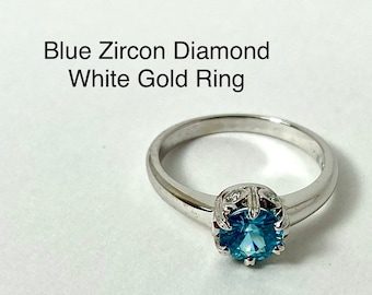 Blue Zircon Diamond White  Gold Ring, solid 14 kt, genuine round cut Blue Zircon 0.6 ct,diamonds 0.1 ct tw,December birthstone, gift