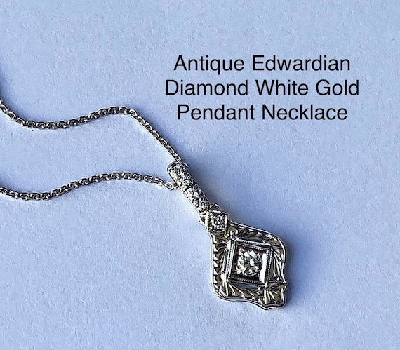 Antique Edwardian Diamond White Gold Pendant Neck… - image 1
